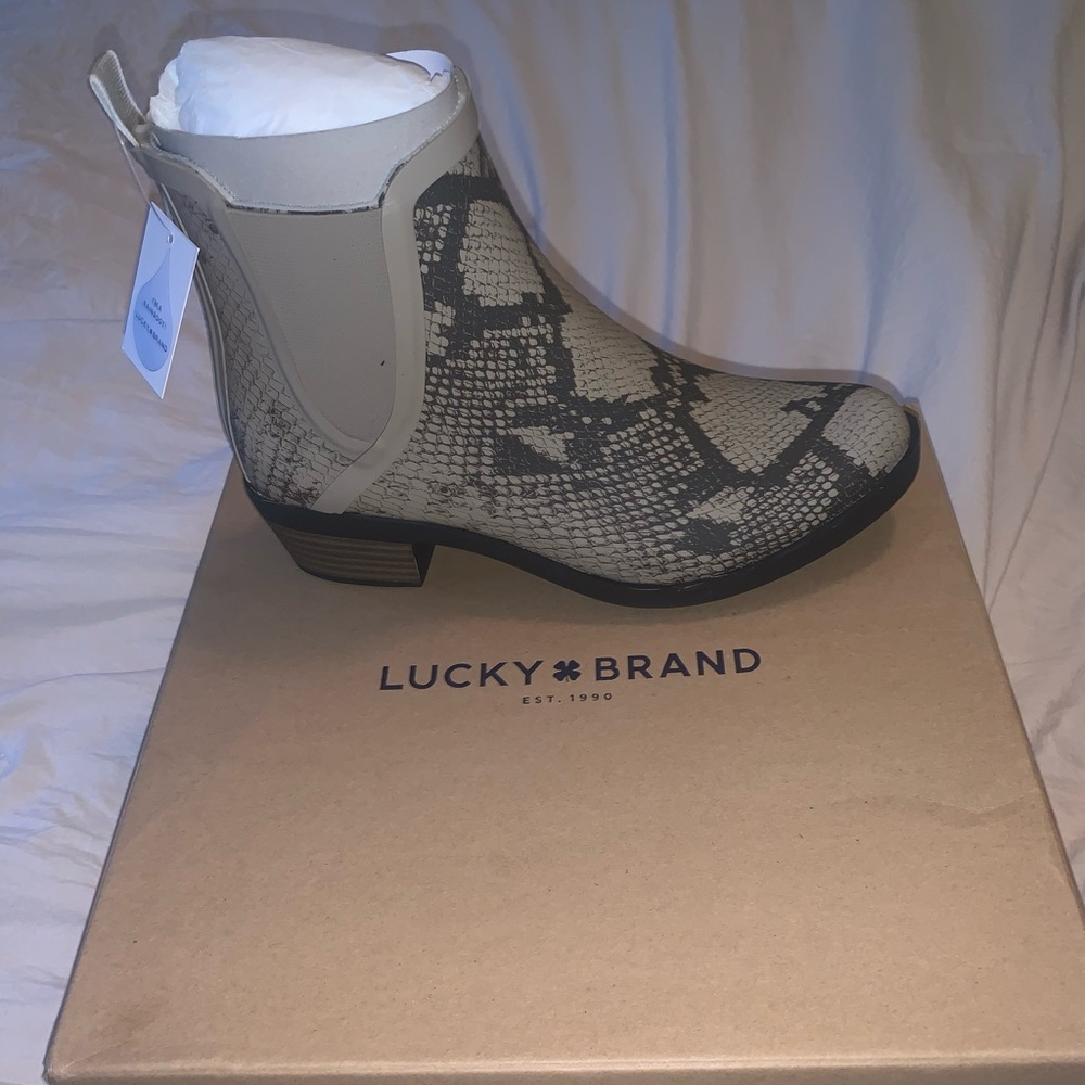 Lucky Brand snake print rain bootie